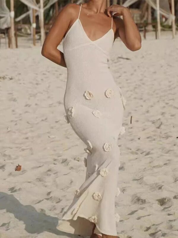 3D Floral V-neck Backless Lace-up Maxi Dress