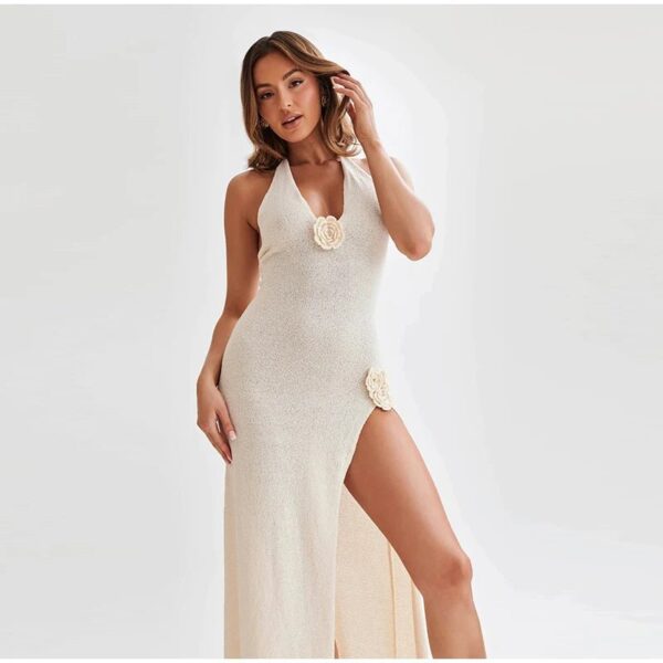 3D Floral V-neck Backless Lace-up Maxi Dress