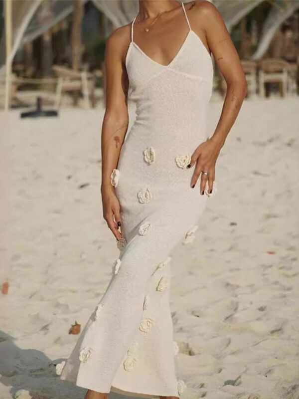 3D Floral V-neck Backless Lace-up Maxi Dress