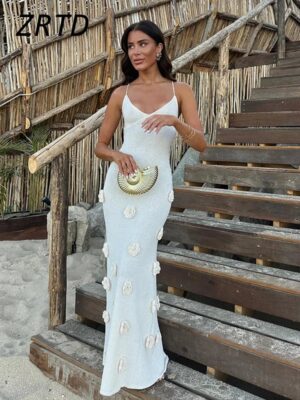 3D Floral V-neck Backless Lace-up Maxi Dress