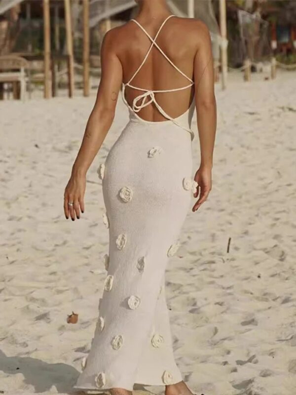 3D Floral V-neck Backless Lace-up Maxi Dress