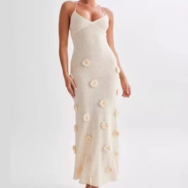 3D Floral V-neck Backless Lace-up Maxi Dress