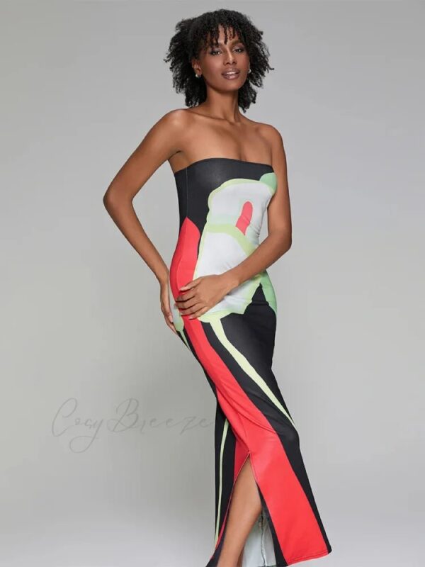 Abstract Print Strapless Side Split Dress