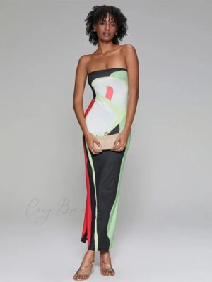 Abstract Print Strapless Side Split Dress