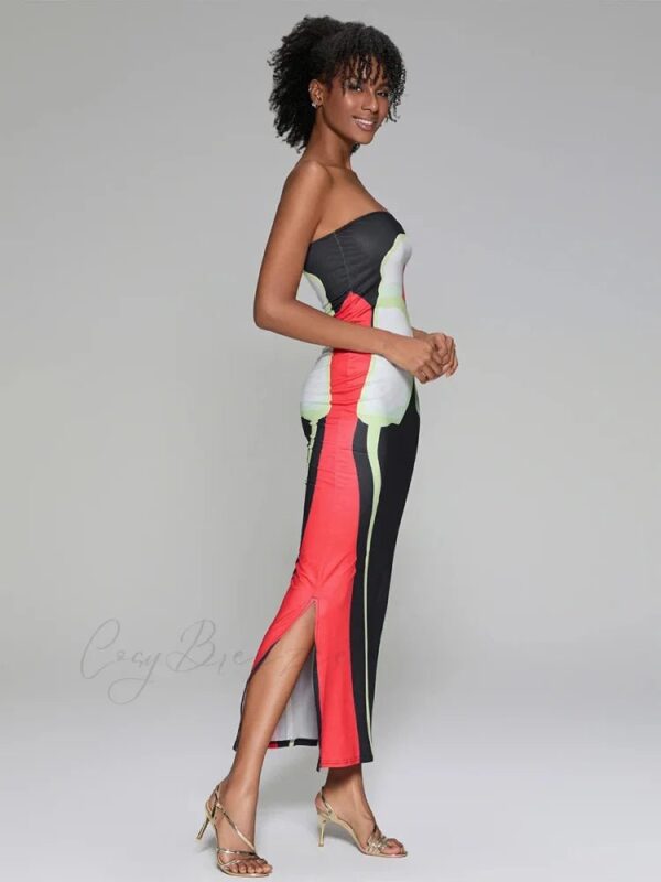 Abstract Print Strapless Side Split Dress