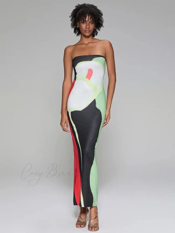 Abstract Print Strapless Side Split Dress