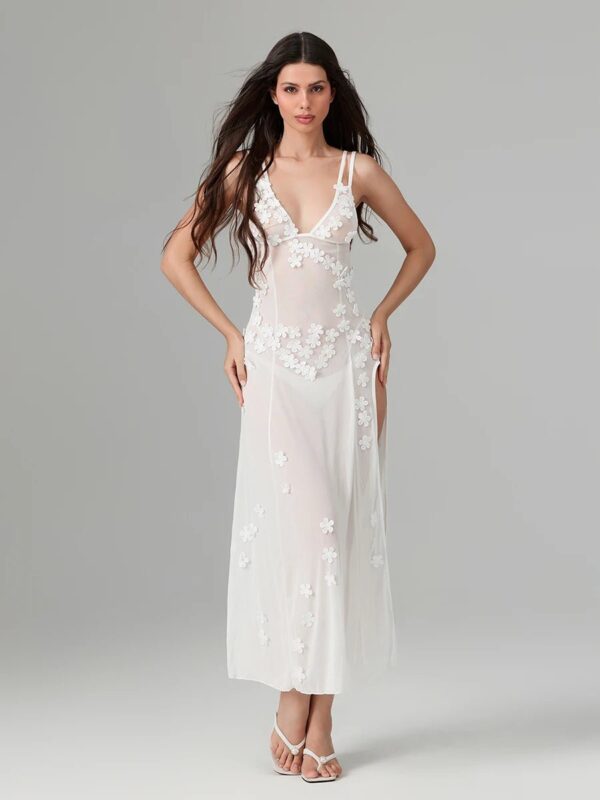 3D Flower Decor Backless Deep V Slit See-Through Beach Dress